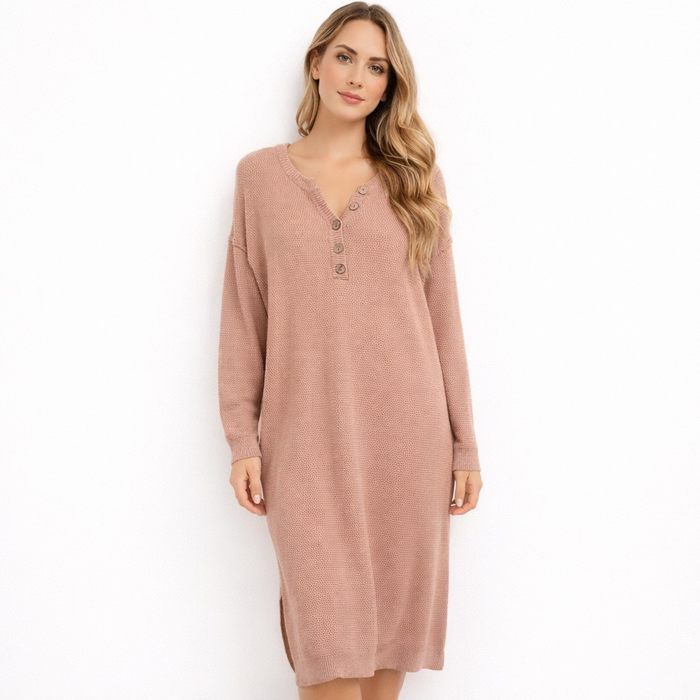 BluIvy Waffle Knit Sweater Henley Dress Dusty Pink Long Sleeve Size L